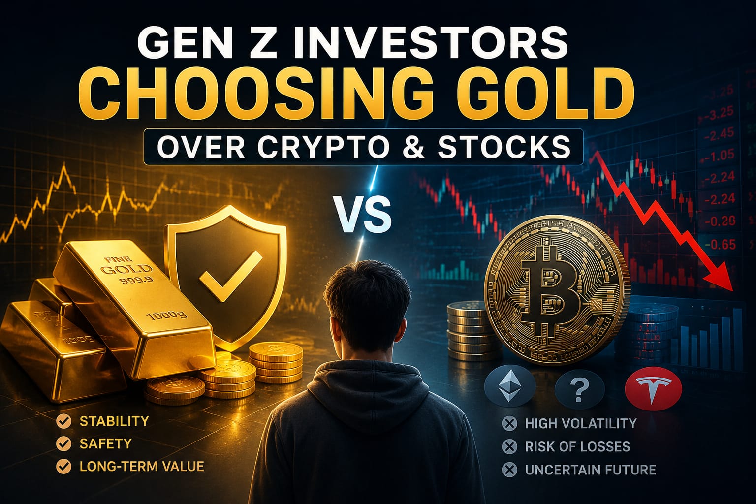 Young investors comparing gold with cryptocurrency and stock market investments.