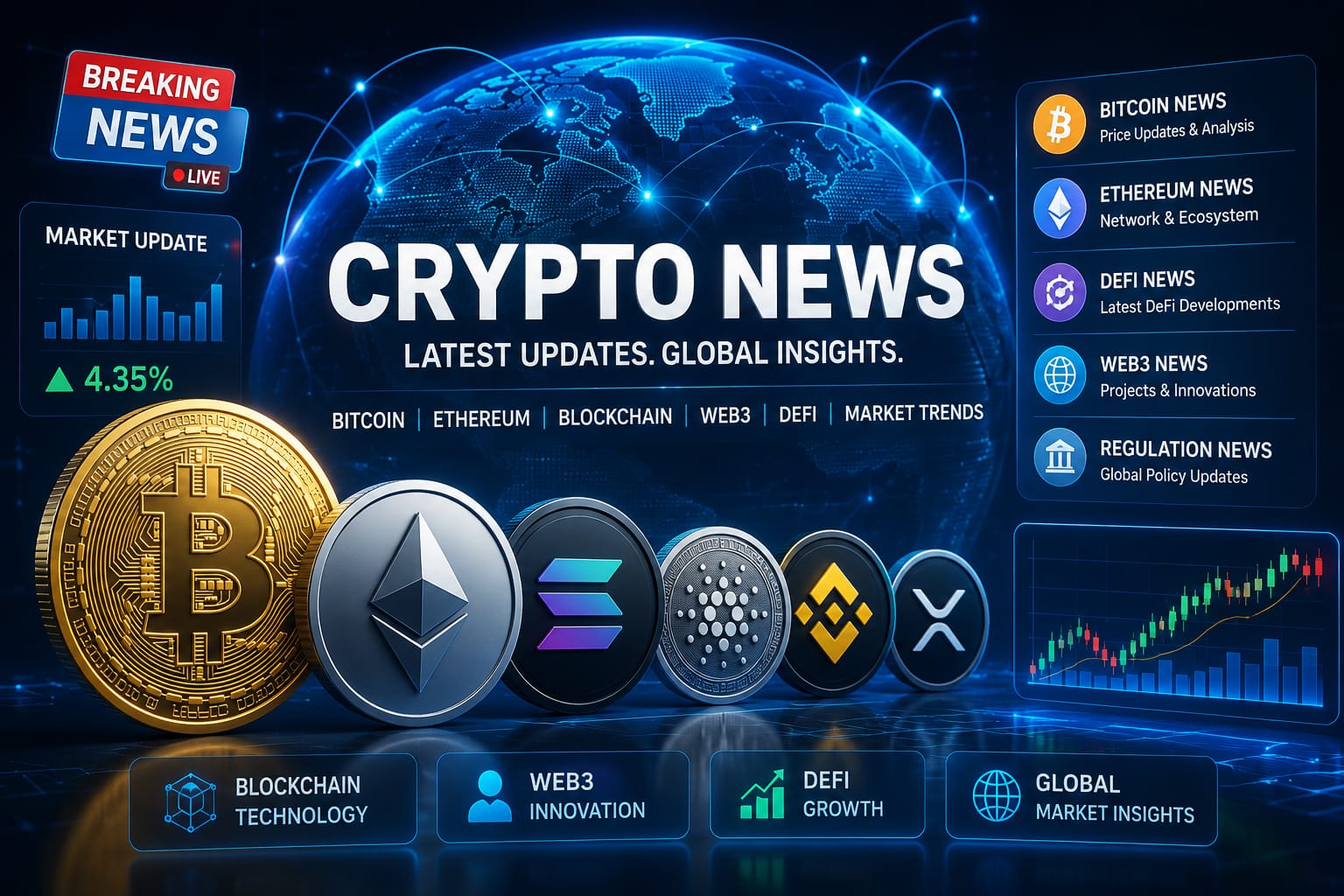 Digital illustration showing Bitcoin, Ethereum, and cryptocurrency market news with global blockchain technology and market trend analysis.