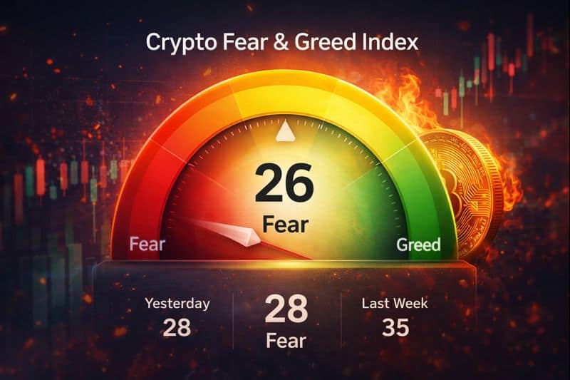 Crypto Fear and Greed Index shows fear sentiment at 26 in today’s market